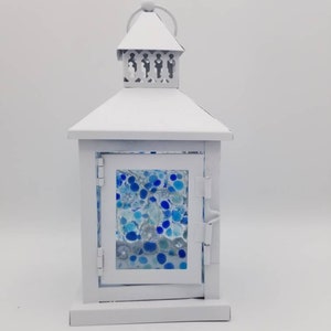 Small Starry Night Custom Fused Glass Lantern Centerpiece with LEDs Blues and White Stars Nightlight Sky image 7