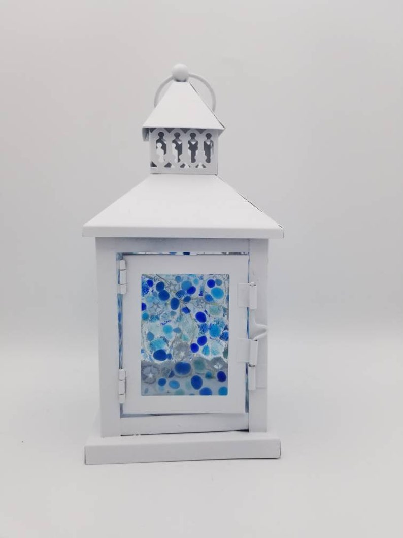 Small Starry Night Custom Fused Glass Lantern Centerpiece with LEDs Blues and White Stars Nightlight Sky image 7