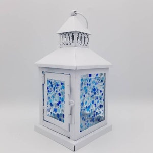 Small Starry Night Custom Fused Glass Lantern Centerpiece with LEDs Blues and White Stars Nightlight Sky image 10