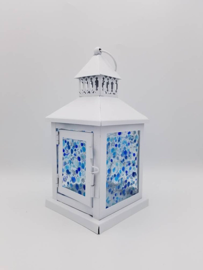 Small Starry Night Custom Fused Glass Lantern Centerpiece with LEDs Blues and White Stars Nightlight Sky image 10