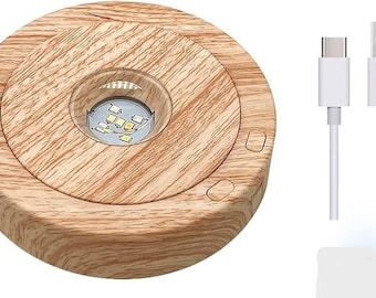 Wood Grain 7 LED Rotating Display Stand, Spinning 360 Rotating Display Base Stand 4 Rotating & 8 Light Modes USB Or Battery Power ART Glass