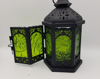 Spring Green Gardens Custom Handmade Glass Lantern | Home Outdoor Deck Themed Decor | LEDs | Candleholder | Black Centerpiece | Gift Idea