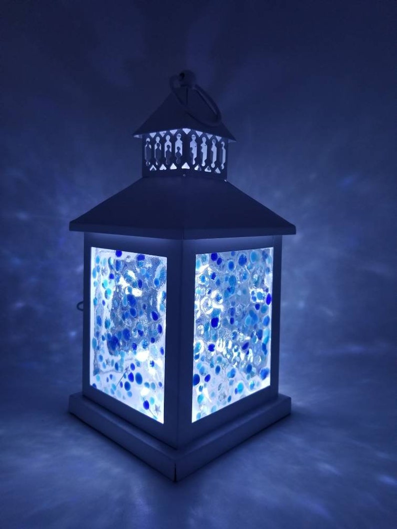 Small Starry Night Custom Fused Glass Lantern Centerpiece with LEDs Blues and White Stars Nightlight Sky image 4