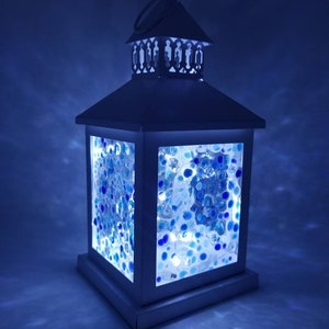 Small Starry Night Custom Fused Glass Lantern Centerpiece with LEDs Blues and White Stars Nightlight Sky image 3