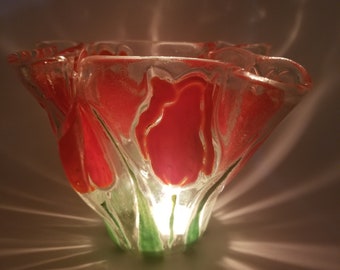 Red Tulips Organic Flowing Glass Handmade Vase | Candleholder | Spring Flower Floral Themed Decor | Red Green  approx 4.5 in deep