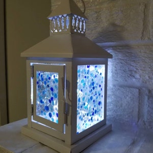 Small Starry Night Custom Fused Glass Lantern Centerpiece with LEDs Blues and White Stars Nightlight Sky image 1