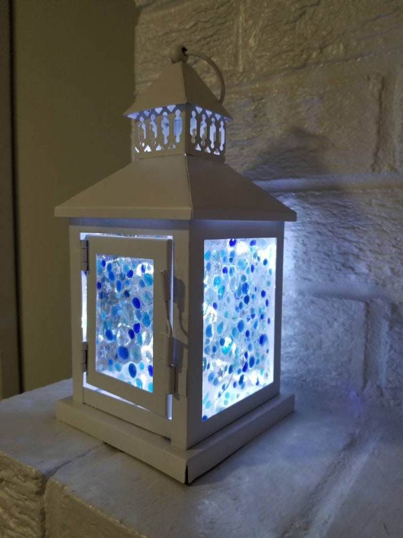 Small Starry Night Custom Fused Glass Lantern Centerpiece with LEDs Blues and White Stars Nightlight Sky image 1