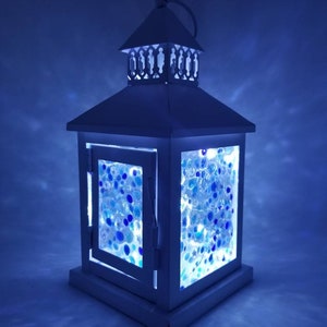 Small Starry Night Custom Fused Glass Lantern Centerpiece with LEDs Blues and White Stars Nightlight Sky image 5