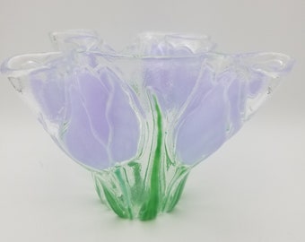 Lavender Tulips Organic Flowing Glass Handmade Vase | Candleholder | Spring Flower Floral Themed Decor | Purple Green  approx 4.5 in deep