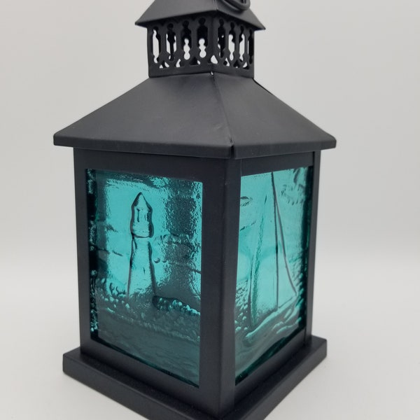 Life on the Water Glass Lantern | Hanging Ocean Sea Sailing Sailboat Lighthouse Outdoor Themed Decor with LEDs | Turquoise Black Centerpiece