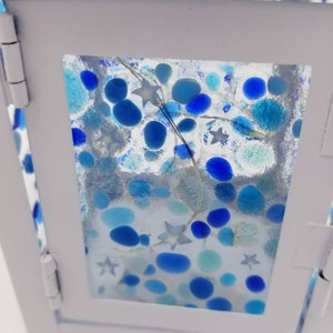 Small Starry Night Custom Fused Glass Lantern Centerpiece with LEDs Blues and White Stars Nightlight Sky image 2