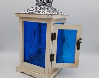 Life on the Water Custom Glass Lantern | Ocean Sea Sailing Sailboat Lighthouse Coastal Themed Decor with LEDs | Turquoise Wood Centerpiece