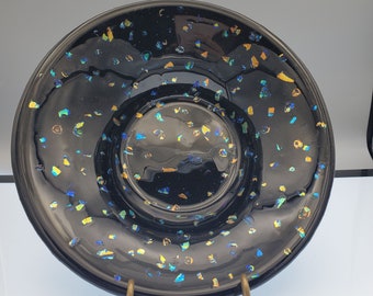 Never Ending Sparkle Handcrafted Glass Bowl | Rainbow Sparkle Themed Decor | Black Dichroic Centerpiece Dish Unique Gift Idea Him Her Them