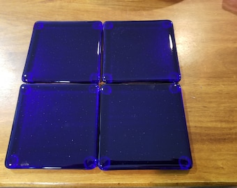 Cobalt Blue Glass Handmade Coasters |set of 4 |4 in x 4 in | Unique Gift Idea Hostess Mom Him Her Them Self