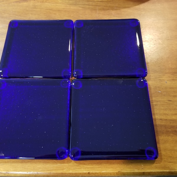 Cobalt Blue Glass Handmade Coasters |set of 4 |4 in x 4 in | Unique Gift Idea Hostess Mom Him Her Them Self