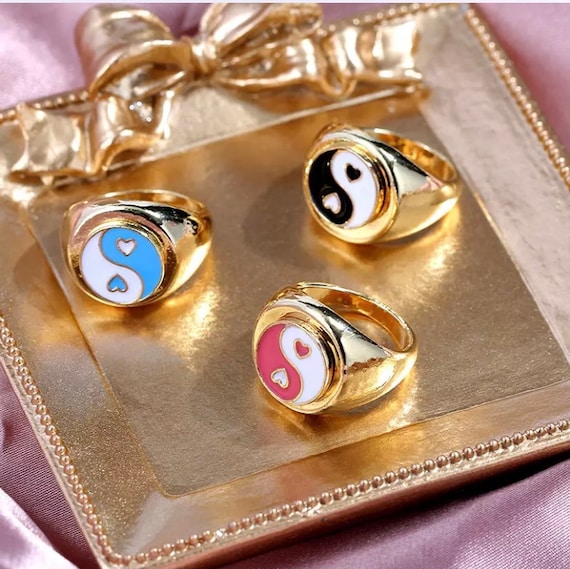 Yin Yang Ring, Pink/blue Signet Ring, Chunky Statement Ring