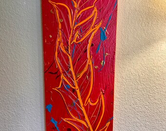 May include: Abstract painting of a single yellow feather on a red background with blue and gold accents.