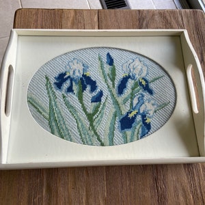 Vintage cross stitched irises tray