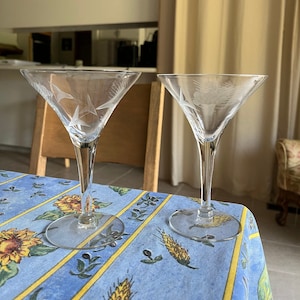 Vintage etched glass martini glasses (2)