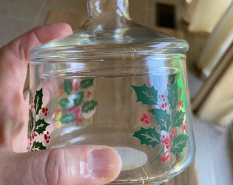 Pair of Vintage Clear Glass Christmas Holly Candy Jars With Lids Stackable