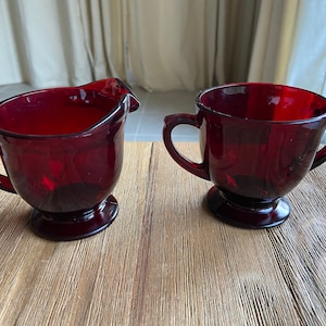Vintage ruby red glass creamer and sugar bowl