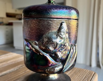 Vintage 1970 Fenton Classic Chessie Cat Candy Pot  carnival glass lidded jar