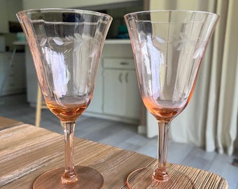 Vintage Etched Pink Wine Glasses (2)