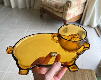Vintage Amber Glass Indiana Tiara pig snack set (plate and cup)