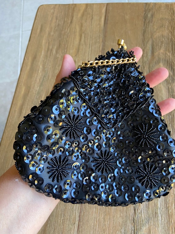 Vintage black beaded pouch purse - image 6