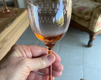 Vintage Pink Depression Glass Etched Leaves Champagne/wine Stemmed