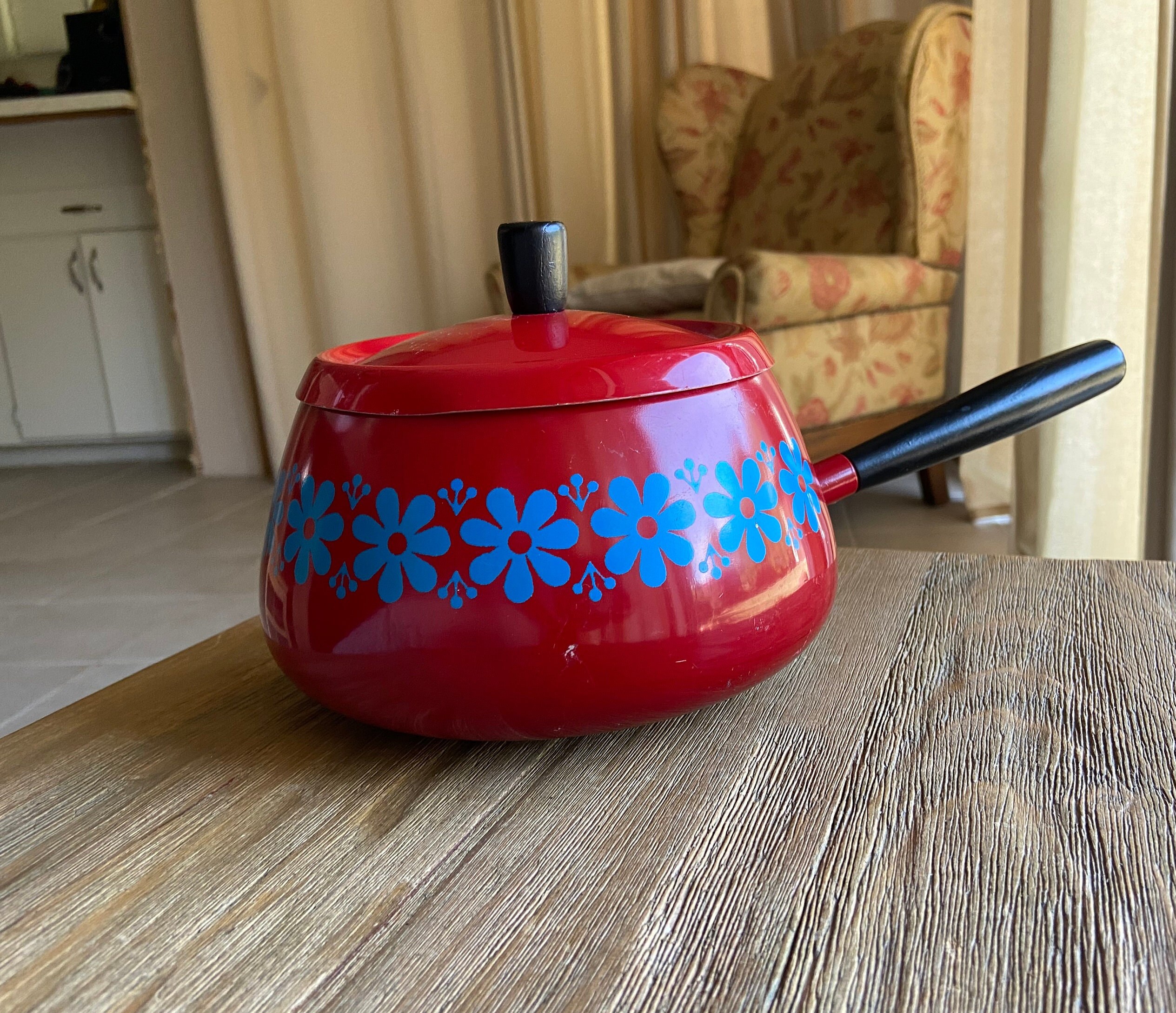 Fondue Pot, Vintage Enamel Pot, 70s Wood Handle Cookware, Orange Flowers, 