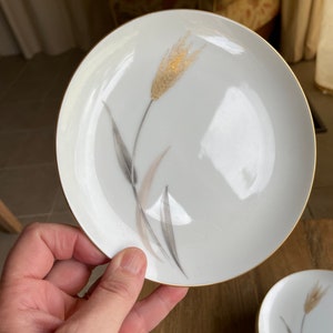 May include: A white ceramic plate with a gold rim features a delicate floral design in shades of gray and gold. The design depicts a single wheat stalk with leaves.
