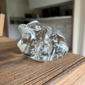 May include: A clear glass frog sculpture with air bubbles throughout. The frog is sitting on a wooden table. The sculpture has a smooth, rounded shape and is a decorative item.
