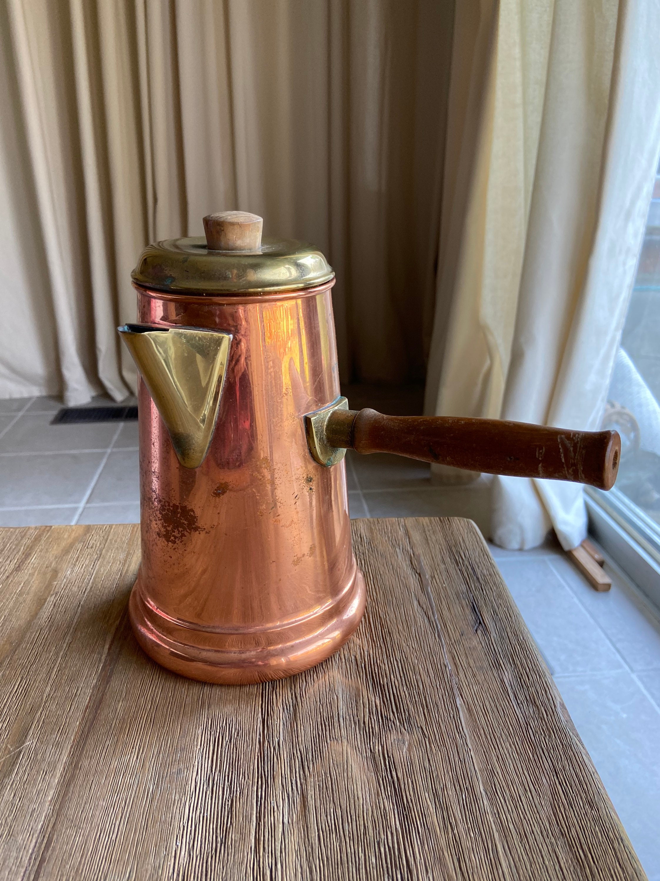 Copper & Brass Antique Coffee Pot or Urn, Gallery Cup Warmer