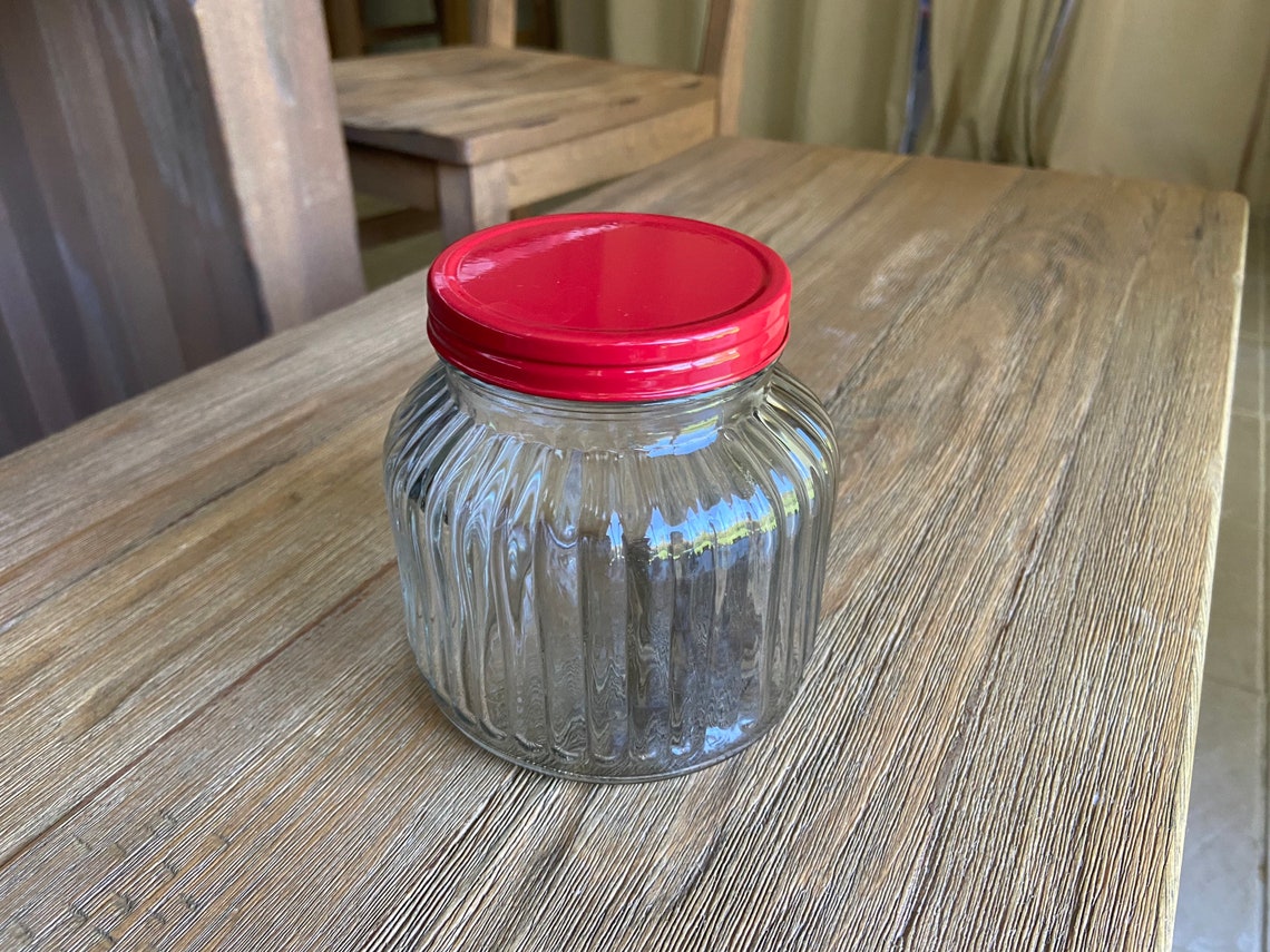 Ribbed glass jar with red lid Etsy