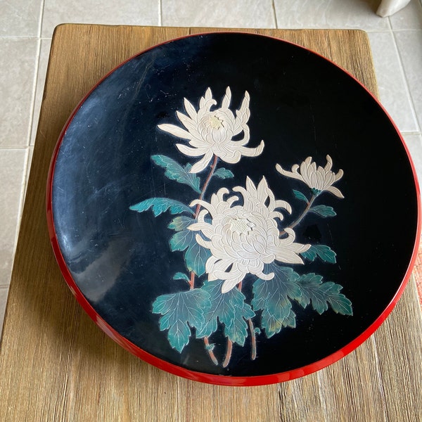 Vintage black lacquered Asian flat bowl