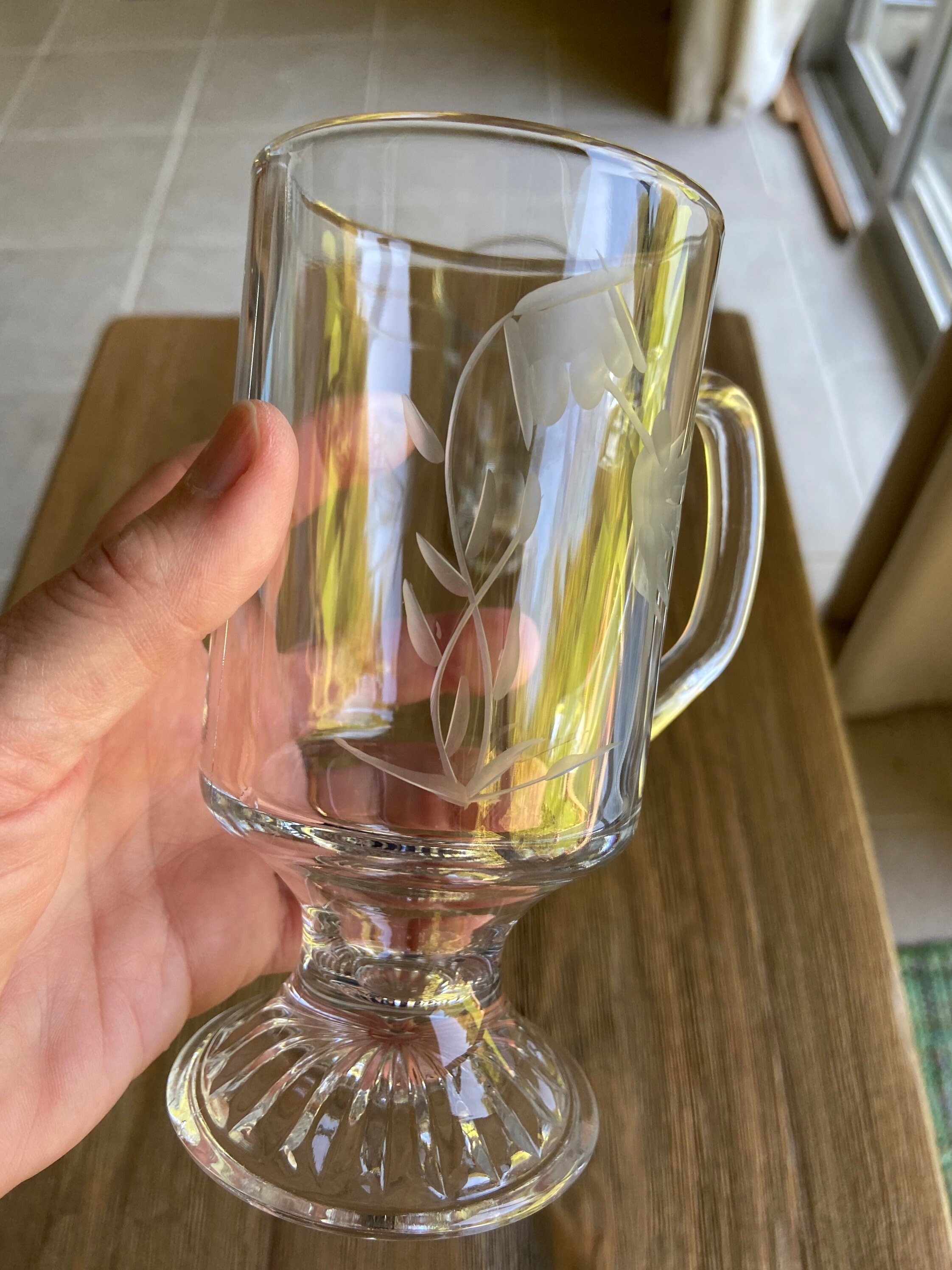 Vintage Etched Glass Footed Glass Mugs Etsy