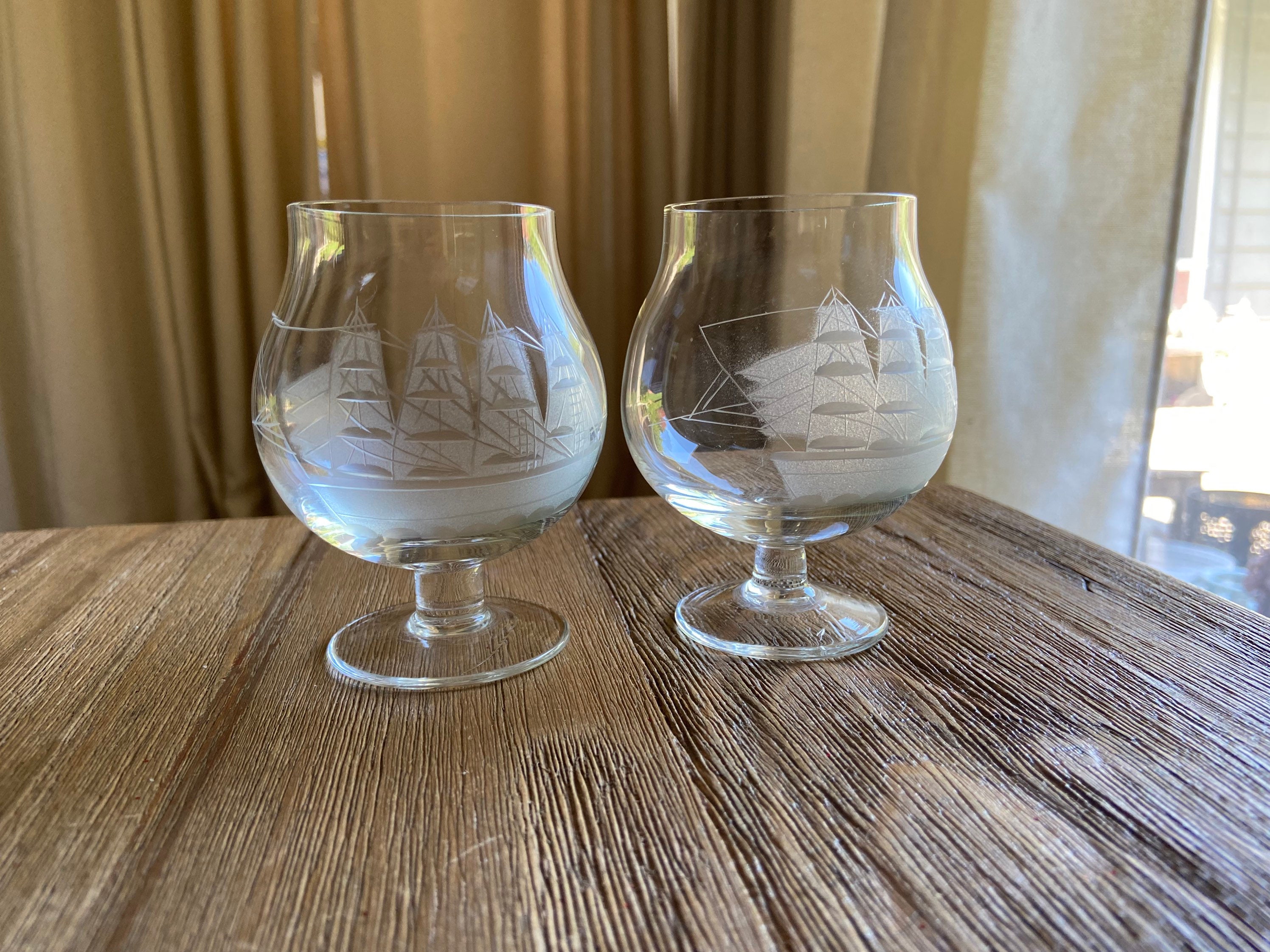 Vintage etched glass sailboat brandy glasses Etsy
