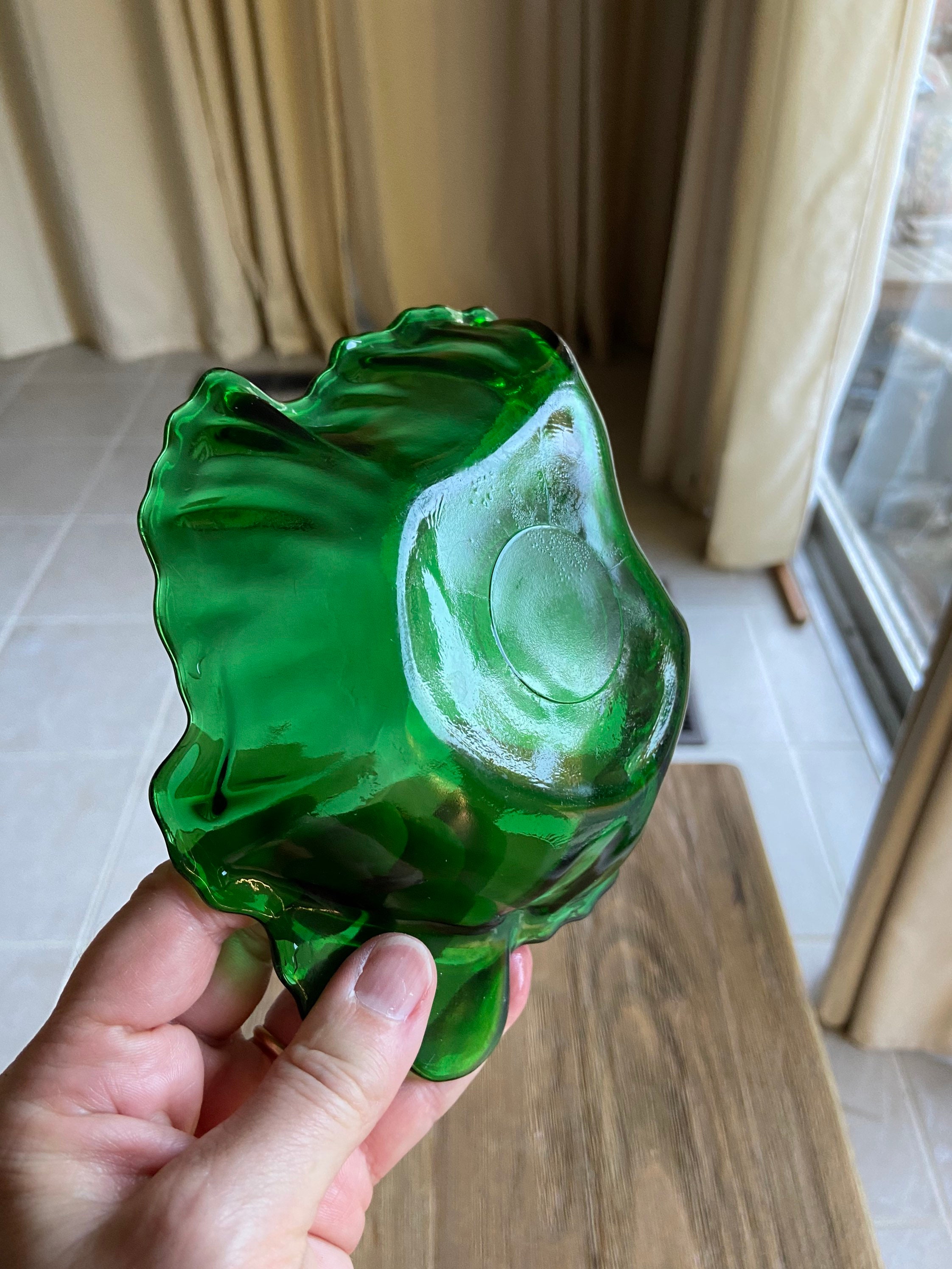 Vintage green glass leaf bowl Etsy