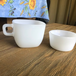 Vintage Glasbake milk glass mug and small bowl