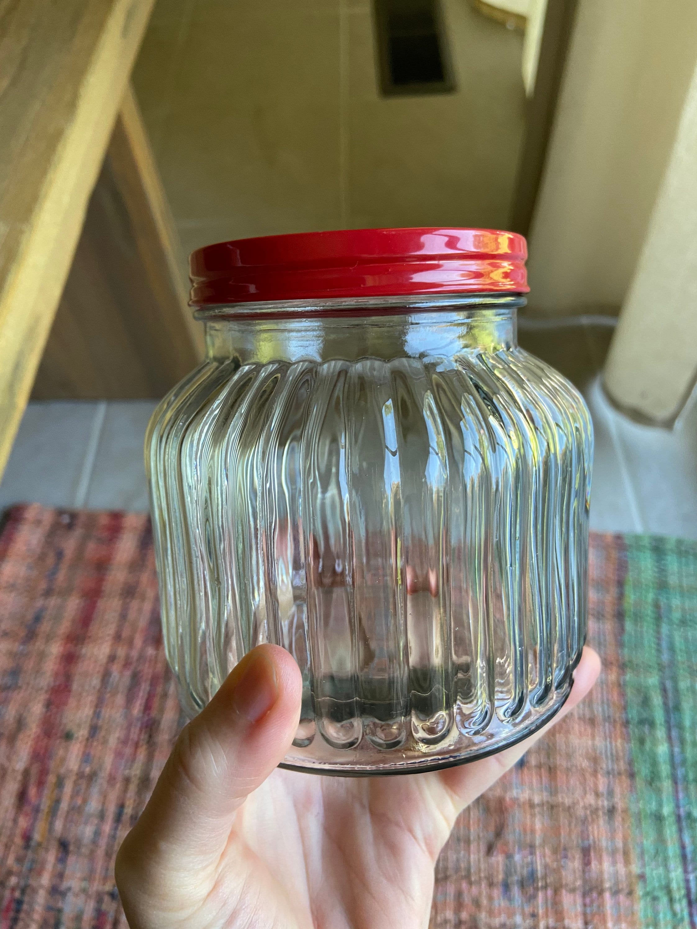 Ribbed glass jar with red lid Etsy