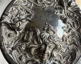 Antique Hand Held Pewter Art Nouveau mirror