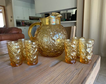 Vintage yellow glass pitcher with 6 juice glasses