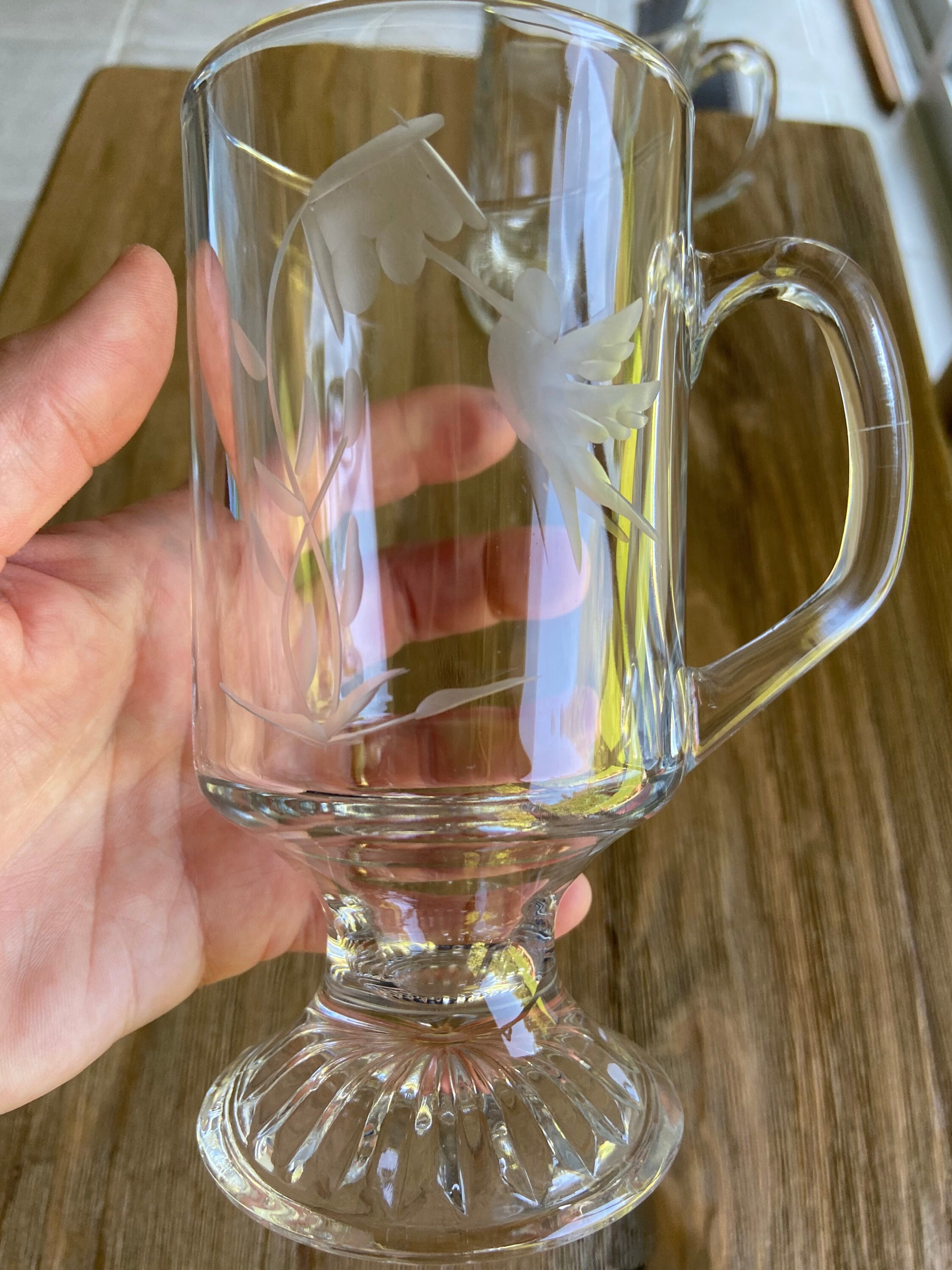 Vintage Etched Glass Footed Glass Mugs Etsy