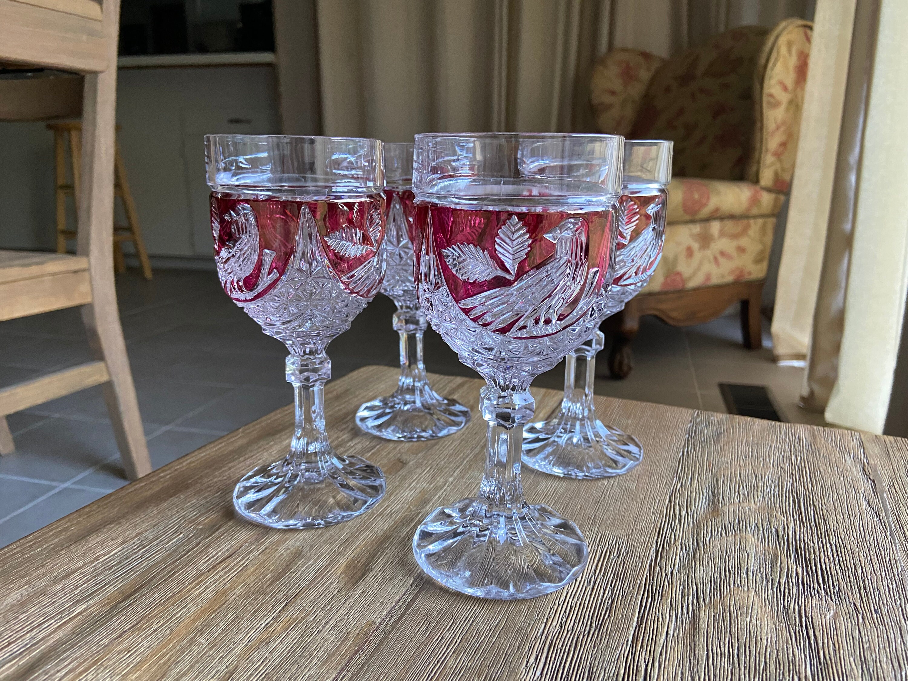 1880's Wine Goblets Set of 4 Cut to Clear Ruby Red Hand Blown