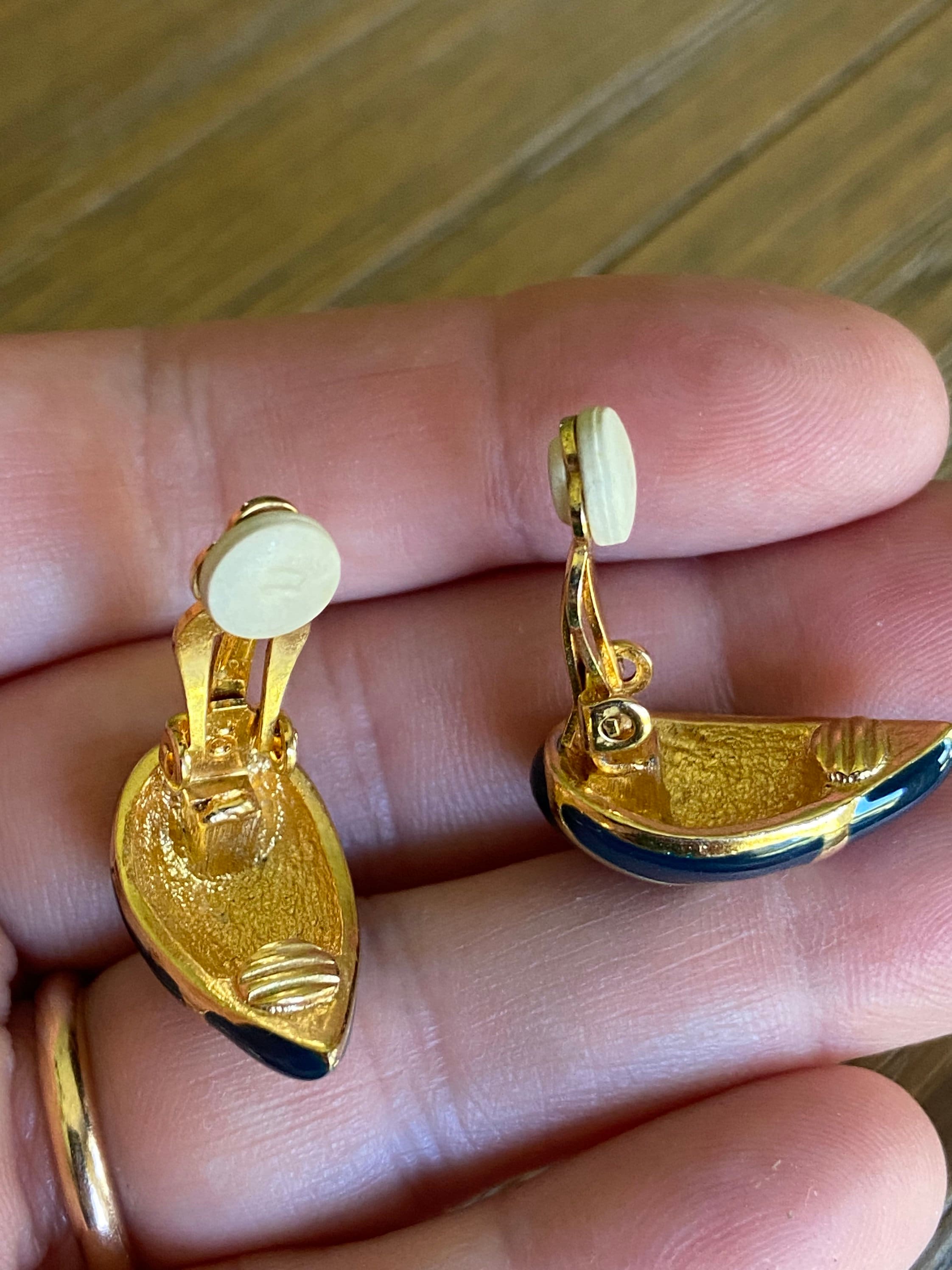 Rare Antique clip-on Earrings with Enamel Work.  Elizabeth Gage Enamel Pearl 18K Gold Silver Insect Intaglio  main image 4
