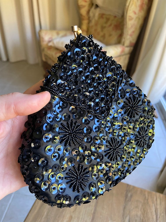 Vintage black beaded pouch purse - image 7