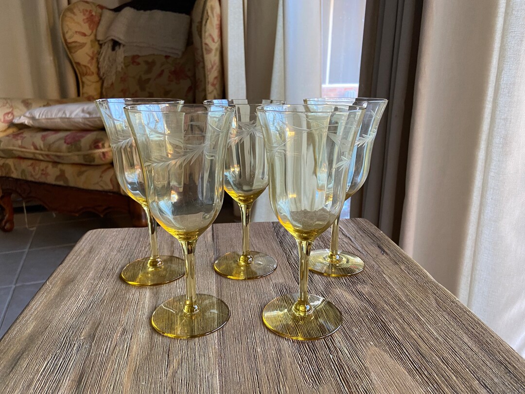 Vintage Etched Yellow Wine Glasses 5 Etsy