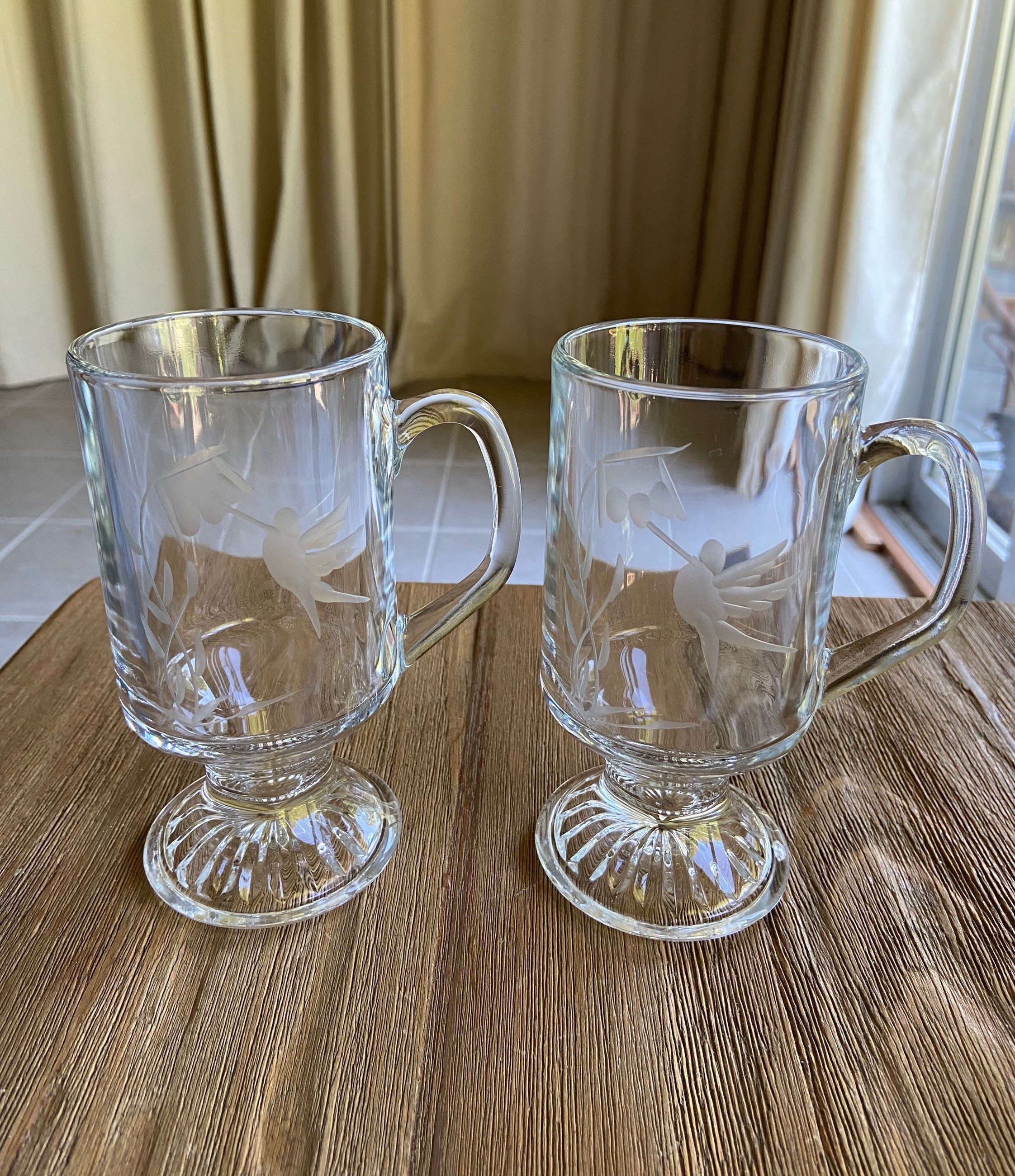 Vintage Etched Glass Footed Glass Mugs Etsy