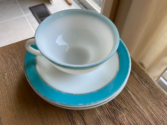Vintage Milk Glass Pyrex Cup and Saucers With Aqua and Gold Trim